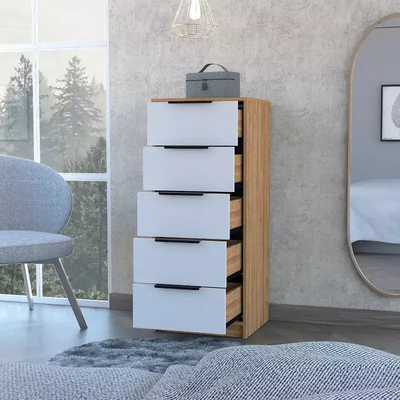 Commode Verticale Moderne Okak à 5 Tiroirs, Commode Haute en Bois pour Chambre, Salon, Entrée