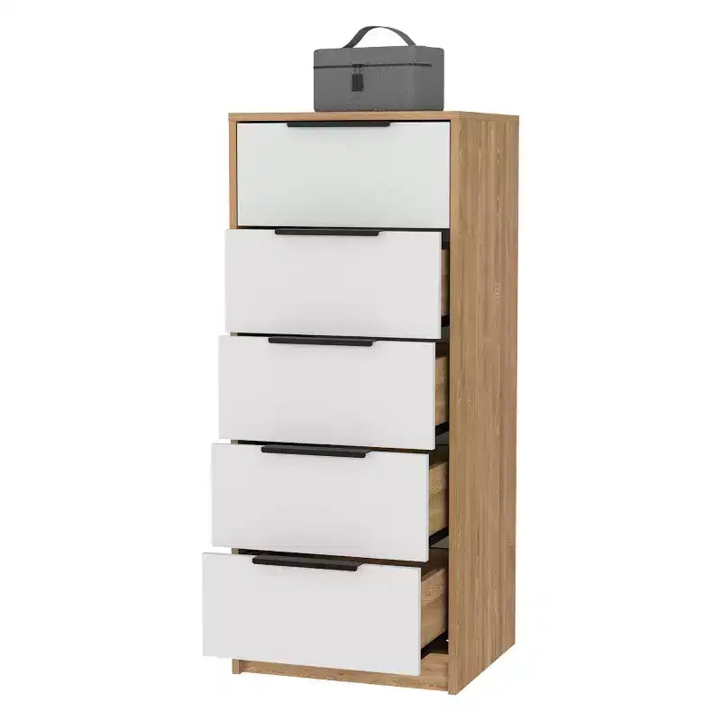 Commode Verticale Moderne Okak à 5 Tiroirs, Commode Haute en Bois pour Chambre, Salon, Entrée