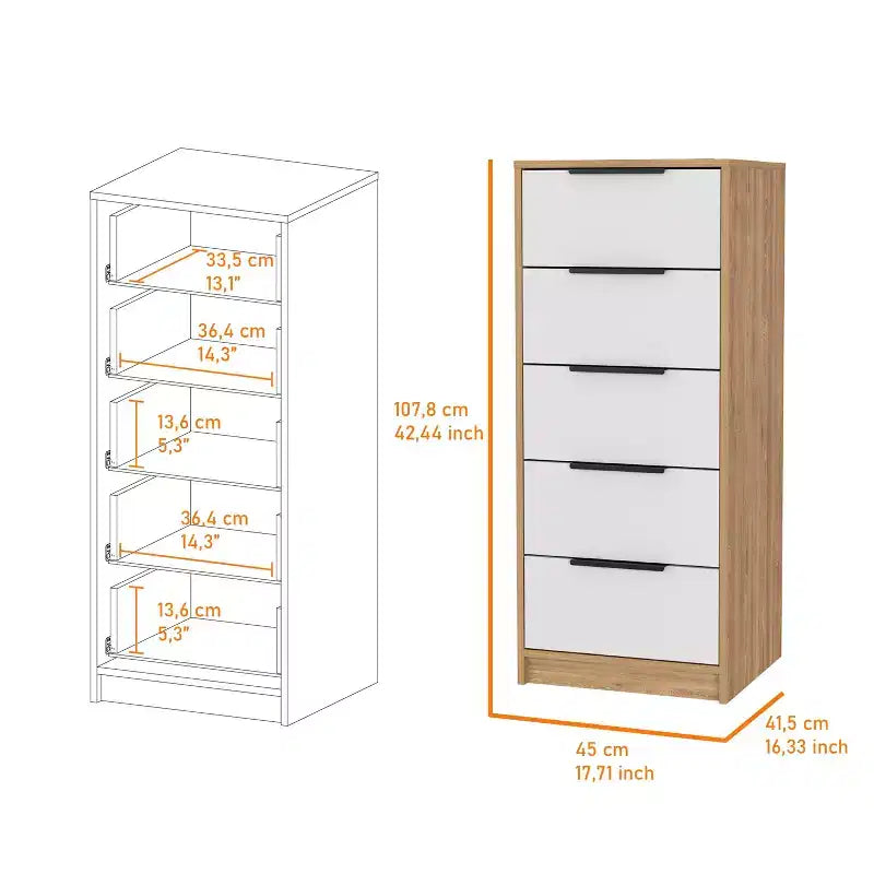 Commode Verticale Moderne Okak à 5 Tiroirs, Commode Haute en Bois pour Chambre, Salon, Entrée