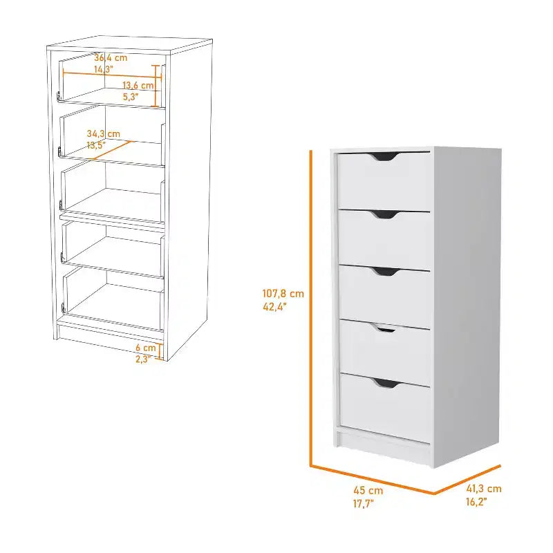 Commode Verticale Moderne Okak à 5 Tiroirs, Commode Haute en Bois pour Chambre, Salon, Entrée