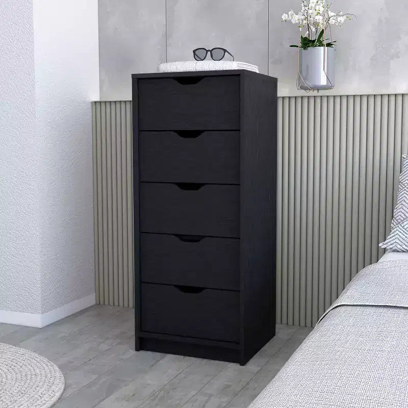 Commode Verticale Moderne Okak à 5 Tiroirs, Commode Haute en Bois pour Chambre, Salon, Entrée