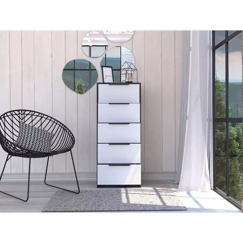 Commode Verticale Moderne Okak à 5 Tiroirs, Commode Haute en Bois pour Chambre, Salon, Entrée