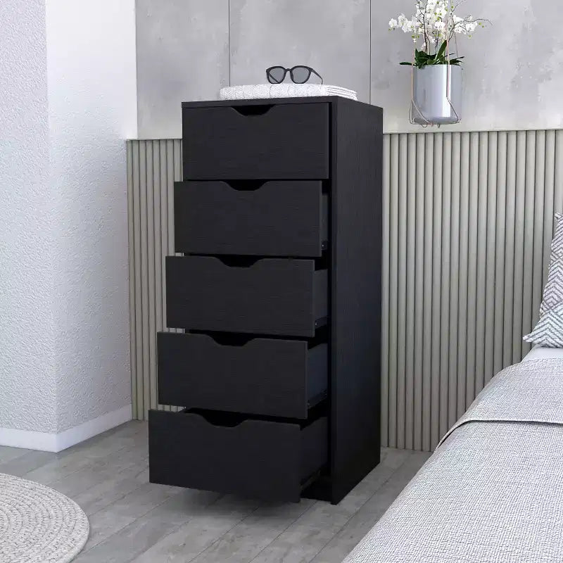 Commode Verticale Moderne Okak à 5 Tiroirs, Commode Haute en Bois pour Chambre, Salon, Entrée
