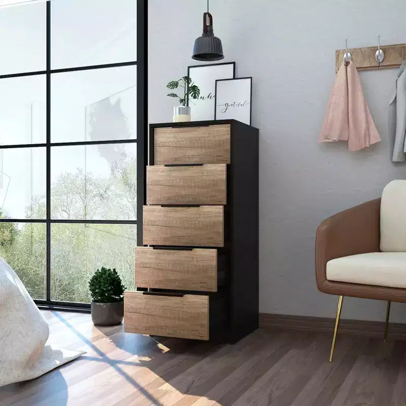 Commode Verticale Moderne Okak à 5 Tiroirs, Commode Haute en Bois pour Chambre, Salon, Entrée