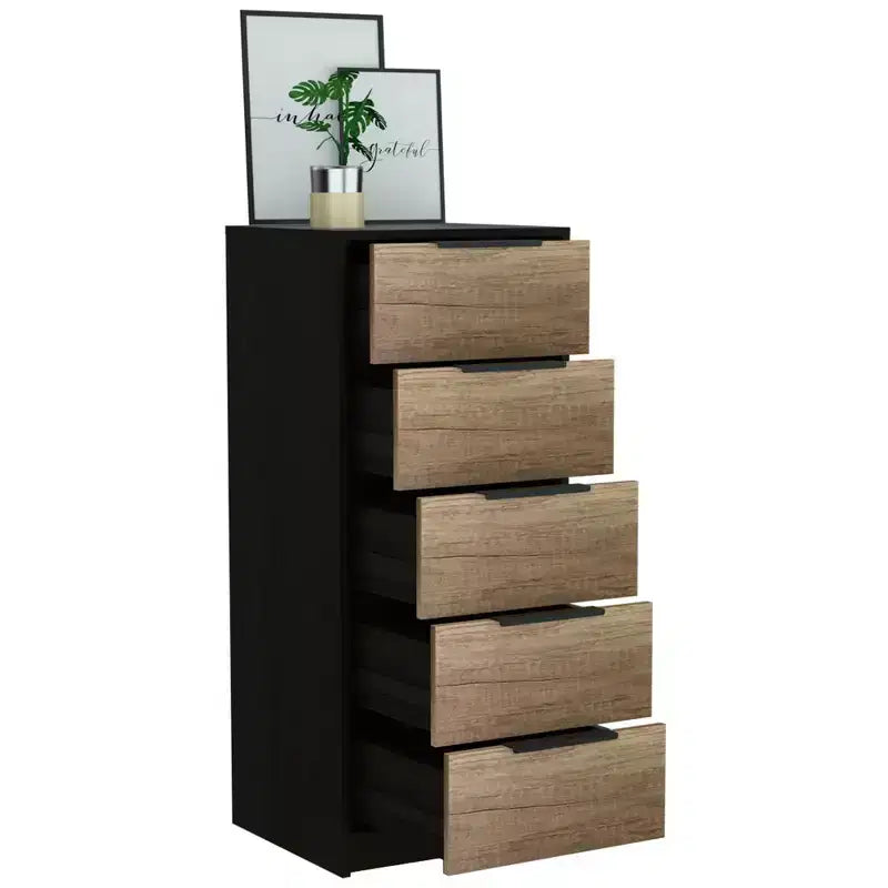 Commode Verticale Moderne Okak à 5 Tiroirs, Commode Haute en Bois pour Chambre, Salon, Entrée