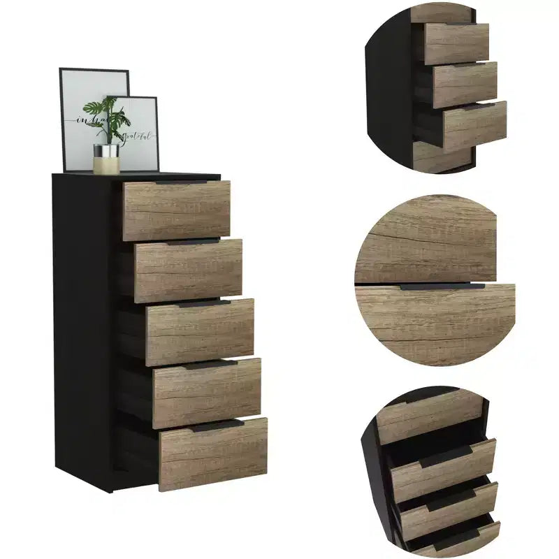 Commode Verticale Moderne Okak à 5 Tiroirs, Commode Haute en Bois pour Chambre, Salon, Entrée