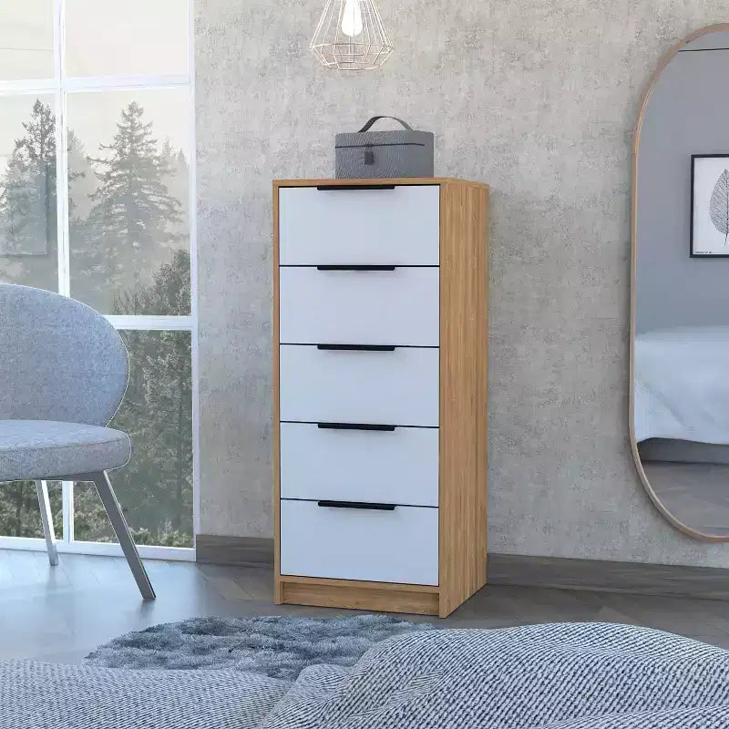 Commode Verticale Moderne Okak à 5 Tiroirs, Commode Haute en Bois pour Chambre, Salon, Entrée