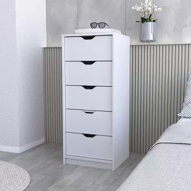 Commode Verticale Moderne Okak à 5 Tiroirs, Commode Haute en Bois pour Chambre, Salon, Entrée