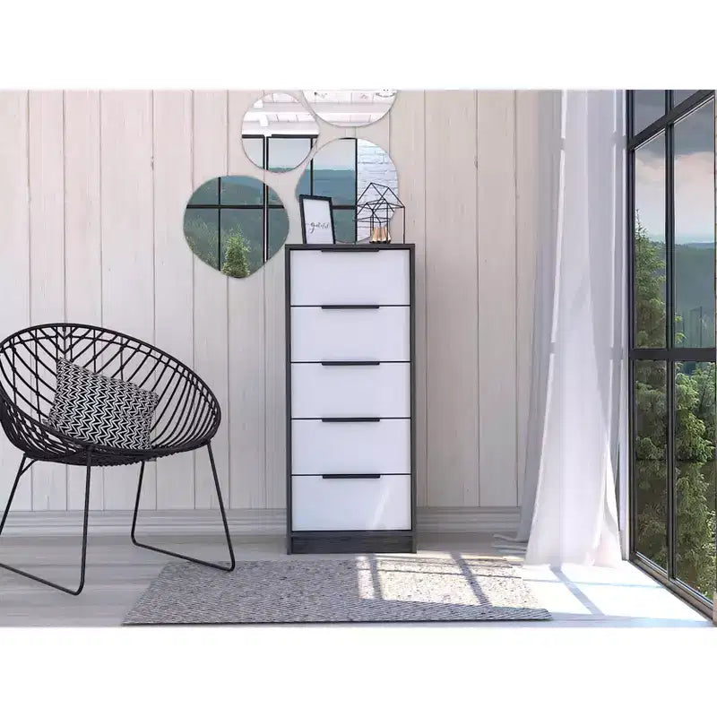Commode Verticale Moderne Okak à 5 Tiroirs, Commode Haute en Bois pour Chambre, Salon, Entrée