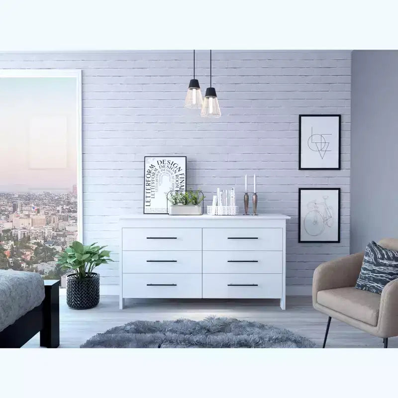 Okak Modern 6 Drawer Double Dresser, 31.7 Tall Storage Cabinet with Metal Gliders & Elevated Base,Bedroom Dresser for Clothes Organization