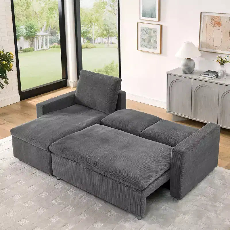 Canapé-lit convertible d'angle Okak 90, avec couchage escamotable, rangement et housses en velours côtelé amovibles pour salon.