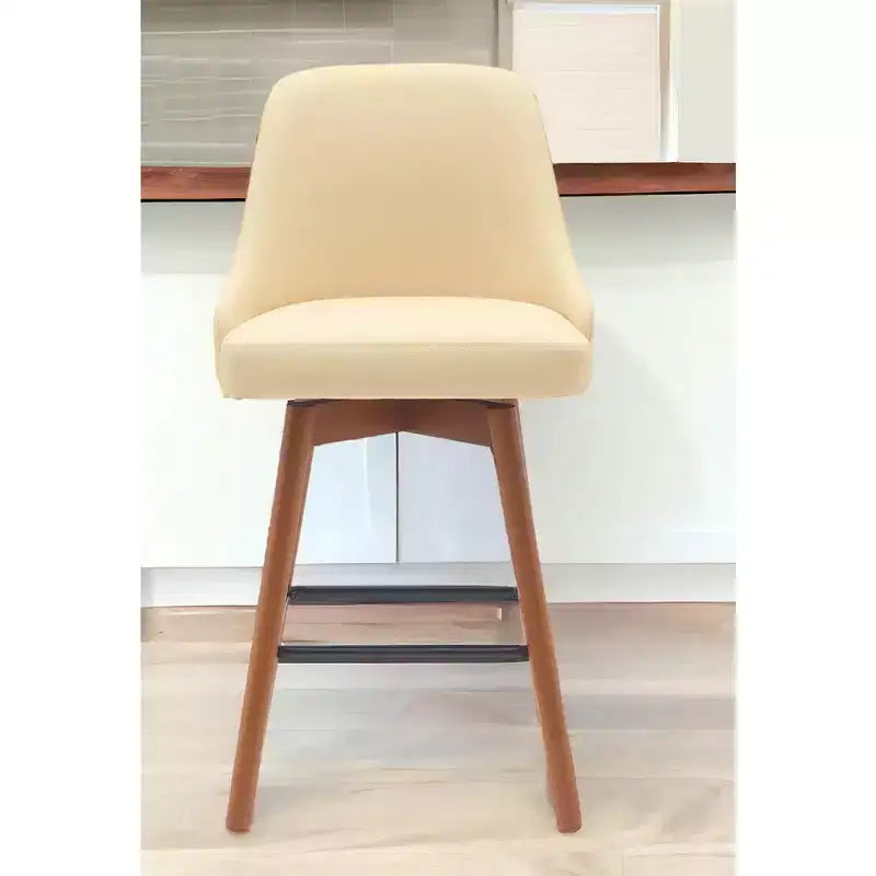Tabouret de bar pivotant HomeRoots 26, hauteur comptoir, en similicuir crème et bois marron avec bois massif