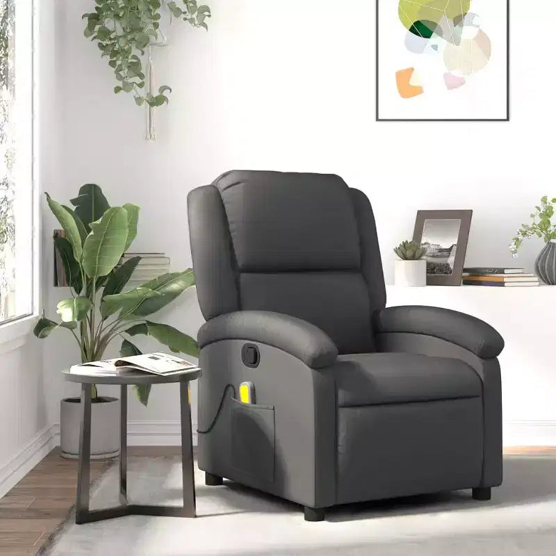 vidaXL Fauteuil inclinable de massage - Cuir véritable, Gris - Inclinable manuel avec massage vibrant à 6 points, Alimenté par USB