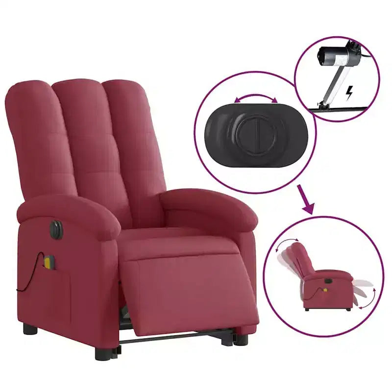 vidaXL Fauteuil de massage inclinable et releveur électrique - Tissu rouge bordeaux, releveur motorisé, inclinable, vibrant, Home Cinéma