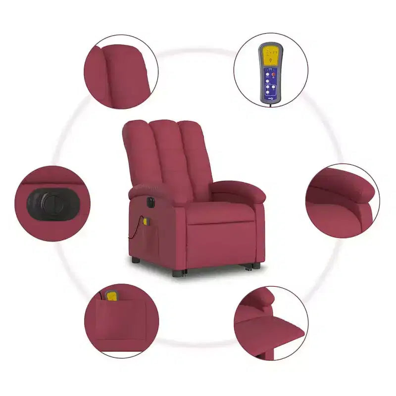 vidaXL Fauteuil de massage inclinable et releveur électrique - Tissu rouge bordeaux, releveur motorisé, inclinable, vibrant, Home Cinéma