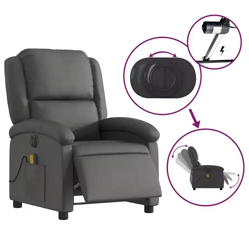 vidaXL Fauteuil inclinable de massage électrique en cuir véritable gris