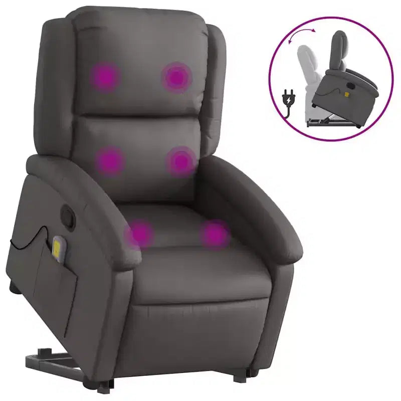 vidaXL Gray Real Leather Power Lift Massage Recliner - Electric Motor Stand-Up Armchair, Manual Tilt, Vibration Massage, Foam Padded