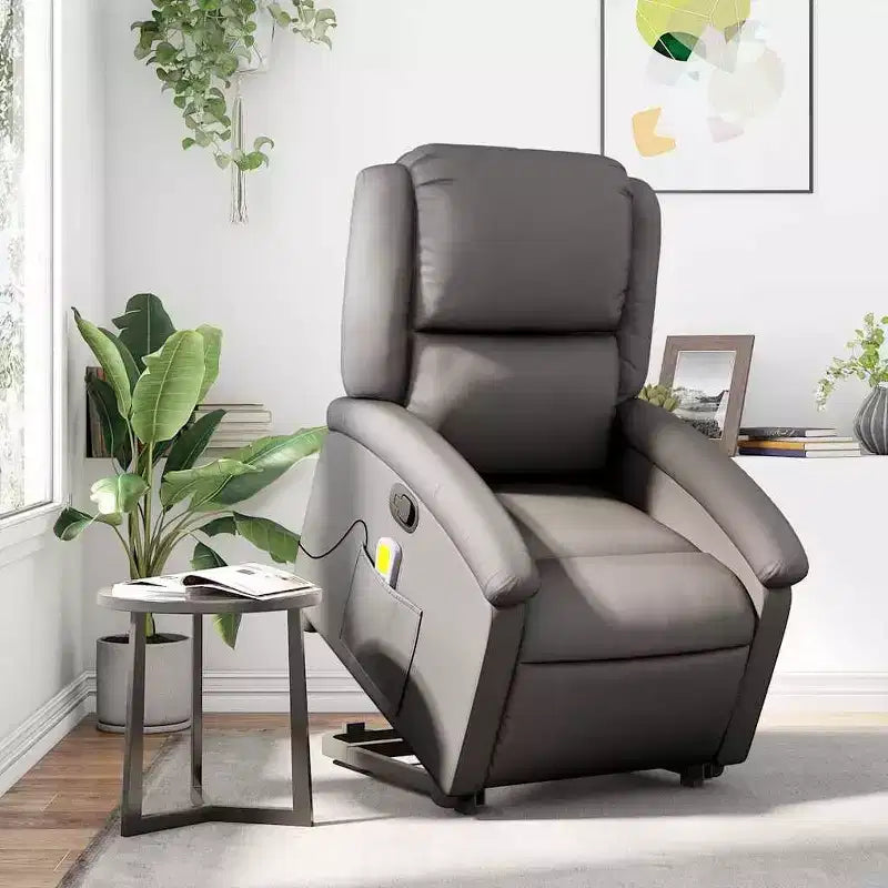 vidaXL Fauteuil inclinable de massage électrique gris en cuir véritable - Fauteuil releveur motorisé, inclinaison manuelle, massage par vibration, rembourrage en mousse