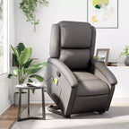 vidaXL Fauteuil inclinable de massage électrique gris en cuir véritable - Fauteuil releveur motorisé, inclinaison manuelle, massage par vibration, rembourrage en mousse