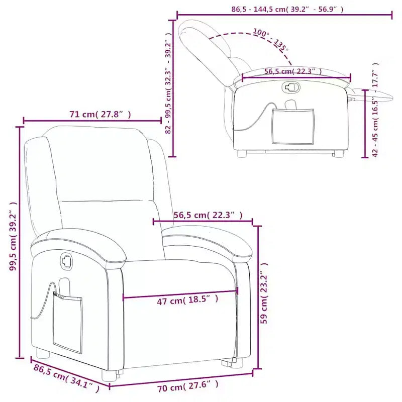 vidaXL Fauteuil inclinable de massage électrique gris en cuir véritable - Fauteuil releveur motorisé, inclinaison manuelle, massage par vibration, rembourrage en mousse