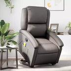 vidaXL Fauteuil inclinable de massage électrique gris en cuir véritable - Fauteuil releveur motorisé, inclinaison manuelle, massage par vibration, rembourrage en mousse