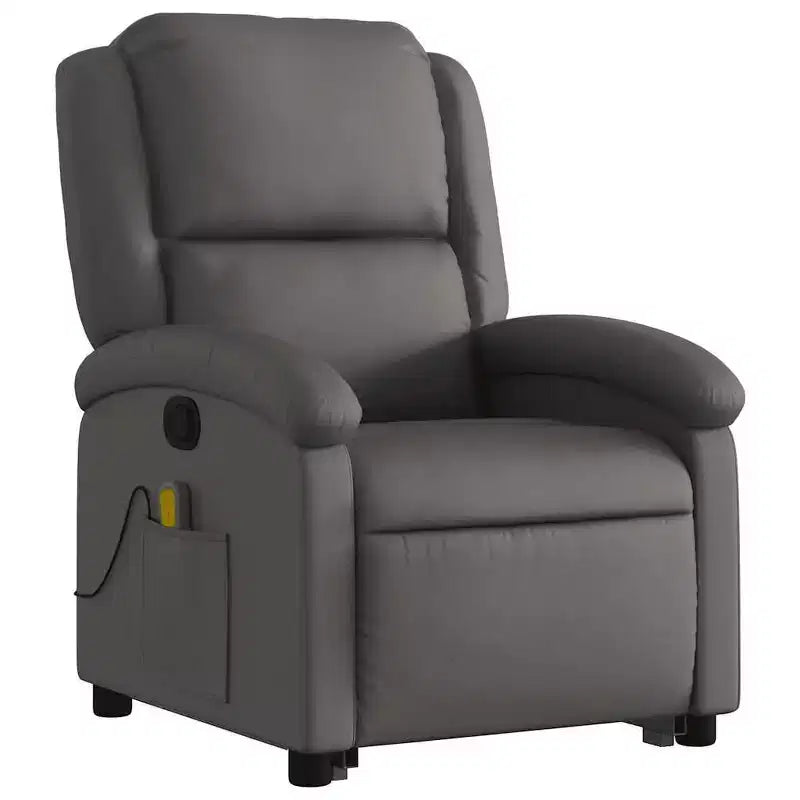 vidaXL Fauteuil inclinable de massage électrique gris en cuir véritable - Fauteuil releveur motorisé, inclinaison manuelle, massage par vibration, rembourrage en mousse