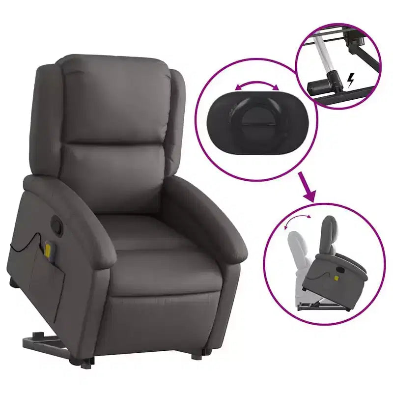 vidaXL Fauteuil inclinable de massage électrique gris en cuir véritable - Fauteuil releveur motorisé, inclinaison manuelle, massage par vibration, rembourrage en mousse