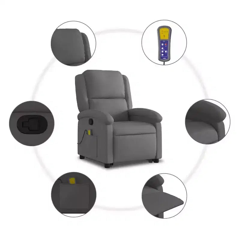 vidaXL Fauteuil inclinable de massage électrique gris en cuir véritable - Fauteuil releveur motorisé, inclinaison manuelle, massage par vibration, rembourrage en mousse