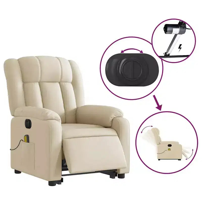 vidaXL Fauteuil inclinable de massage électrique Power Lift - Tissu crème, réglages motorisés, massage vibrant, robuste, conception confortable pour les personnes âgées