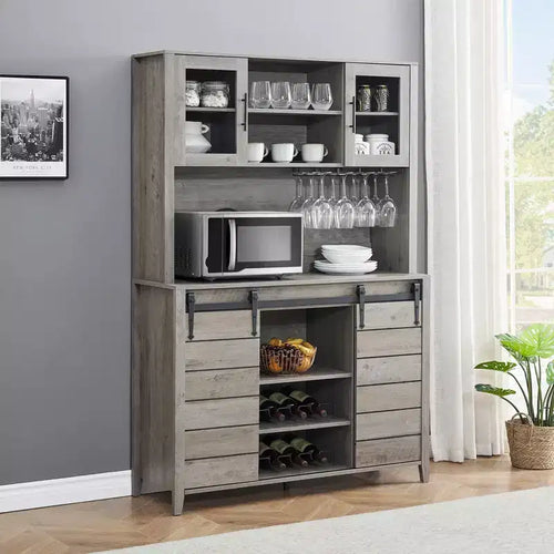 70'' Tall Farmhouse Coffee Bar Cabinet, Kitchen Hutch Storage with Sliding Barn Door, Tall Sideboard Buffet with Wine Rack, Home Bar, Gray