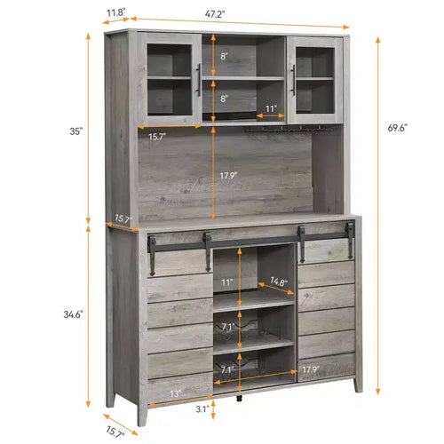 Buffet de bar à café de ferme de 178 cm de haut, Vaisselier de cuisine avec porte coulissante de grange, Desserte haute avec casier à vin, Bar à domicile, Gris