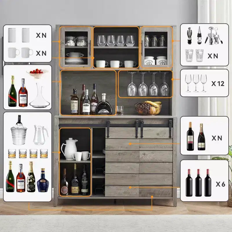 Buffet de bar à café de ferme de 178 cm de haut, Vaisselier de cuisine avec porte coulissante de grange, Desserte haute avec casier à vin, Bar à domicile, Gris