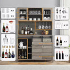 Buffet de bar à café de ferme de 178 cm de haut, Vaisselier de cuisine avec porte coulissante de grange, Desserte haute avec casier à vin, Bar à domicile, Gris
