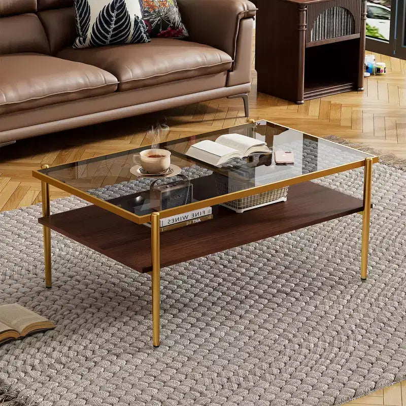 Table basse moderne rectangulaire Okak avec étagères de rangement ouvertes, plateau en verre trempé, table d'appoint pratique pour salon et salle à manger