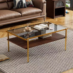 Table basse moderne rectangulaire Okak avec étagères de rangement ouvertes, plateau en verre trempé, table d'appoint pratique pour salon et salle à manger