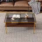 Table basse moderne rectangulaire Okak avec étagères de rangement ouvertes, plateau en verre trempé, table d'appoint pratique pour salon et salle à manger