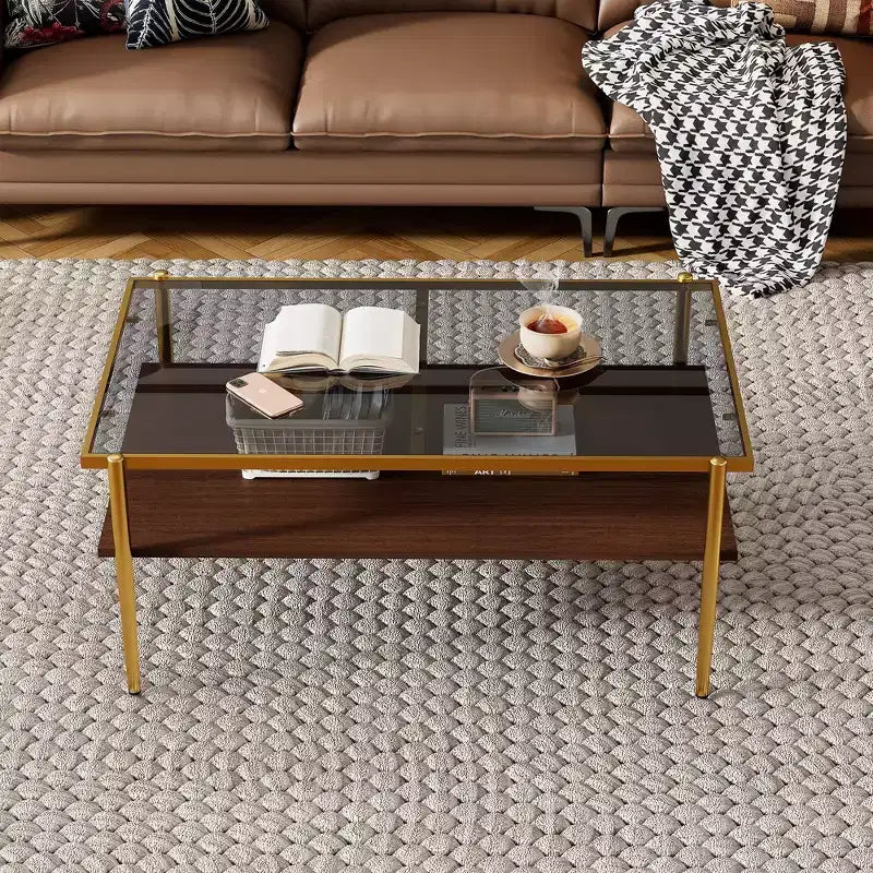 Table basse moderne rectangulaire Okak avec étagères de rangement ouvertes, plateau en verre trempé, table d'appoint pratique pour salon et salle à manger