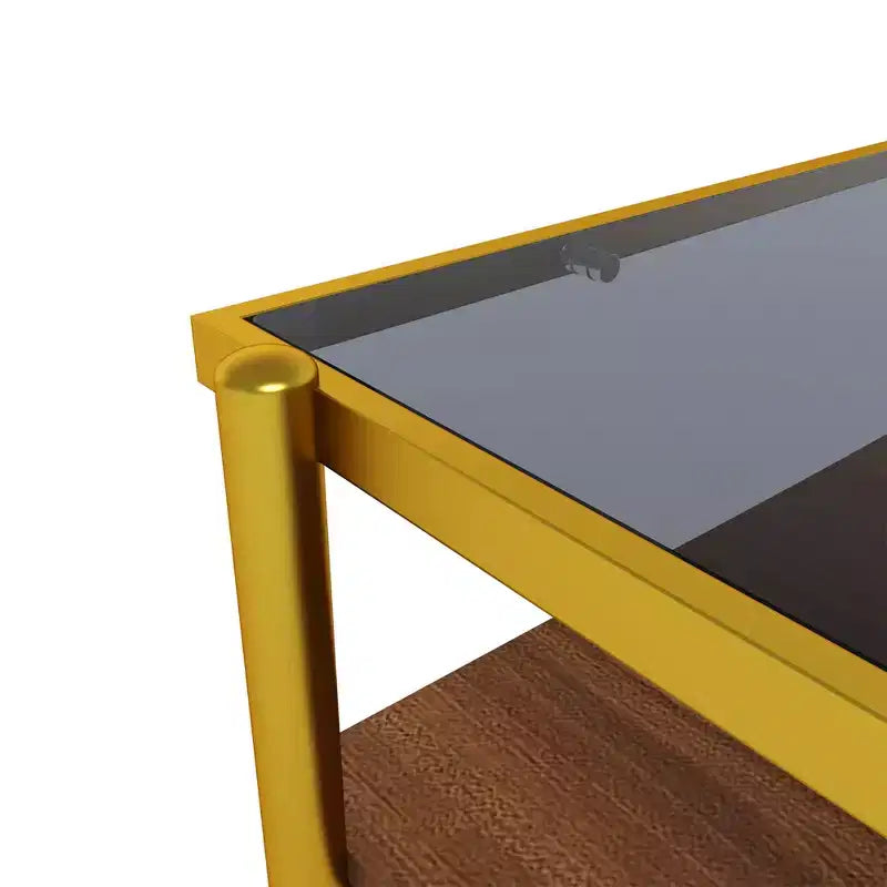 Table basse moderne rectangulaire Okak avec étagères de rangement ouvertes, plateau en verre trempé, table d'appoint pratique pour salon et salle à manger
