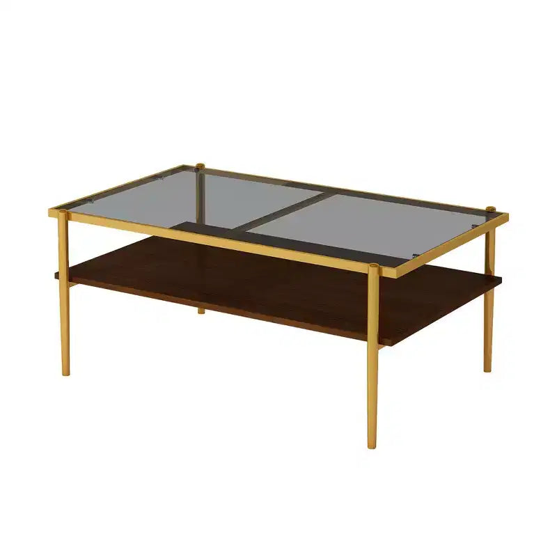 Table basse moderne rectangulaire Okak avec étagères de rangement ouvertes, plateau en verre trempé, table d'appoint pratique pour salon et salle à manger