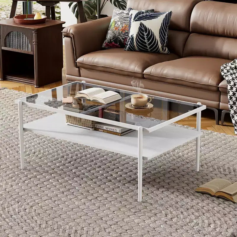 Table basse moderne rectangulaire Okak avec étagères de rangement ouvertes, plateau en verre trempé, table d'appoint pratique pour salon et salle à manger