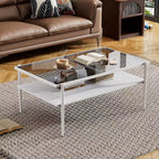 Table basse moderne rectangulaire Okak avec étagères de rangement ouvertes, plateau en verre trempé, table d'appoint pratique pour salon et salle à manger