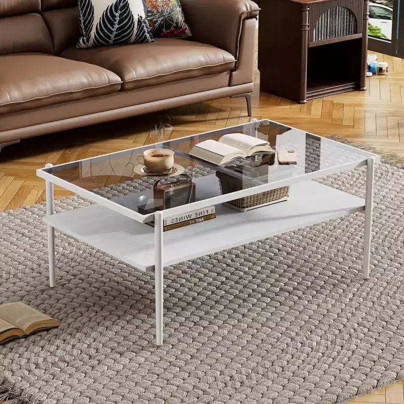 Table basse moderne rectangulaire Okak avec étagères de rangement ouvertes, plateau en verre trempé, table d'appoint pratique pour salon et salle à manger