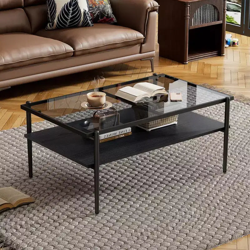 Table basse moderne rectangulaire Okak avec étagères de rangement ouvertes, plateau en verre trempé, table d'appoint pratique pour salon et salle à manger