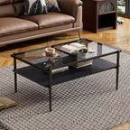 Table basse moderne rectangulaire Okak avec étagères de rangement ouvertes, plateau en verre trempé, table d'appoint pratique pour salon et salle à manger