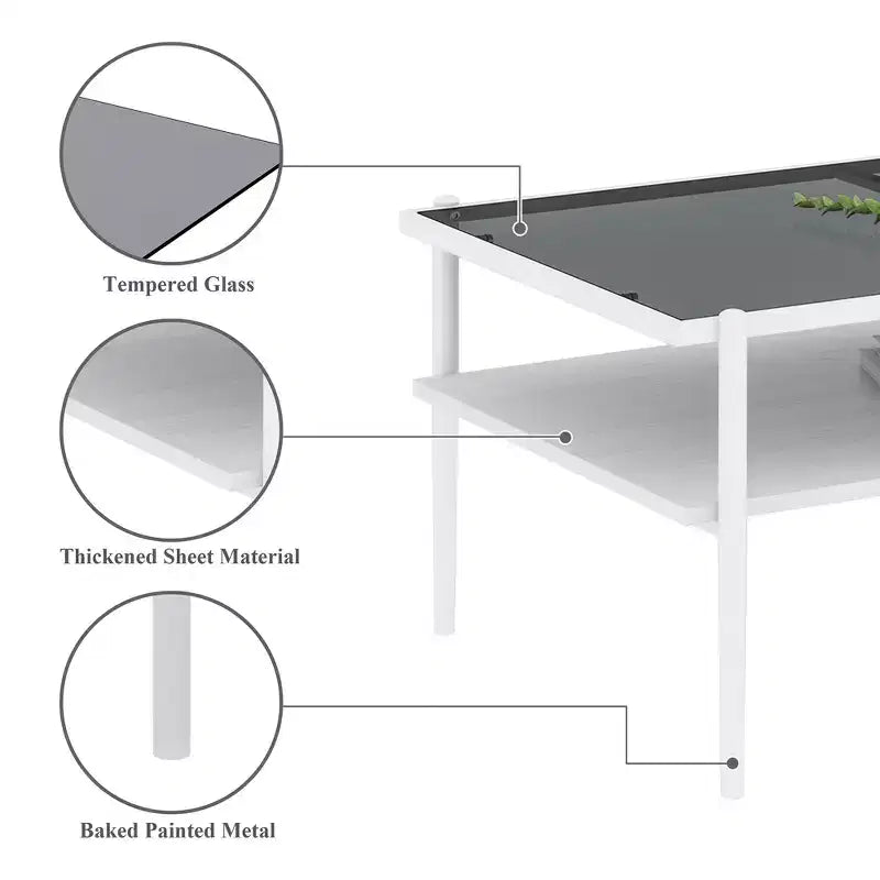 Table basse moderne rectangulaire Okak avec étagères de rangement ouvertes, plateau en verre trempé, table d'appoint pratique pour salon et salle à manger