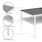 Table basse moderne rectangulaire Okak avec étagères de rangement ouvertes, plateau en verre trempé, table d'appoint pratique pour salon et salle à manger