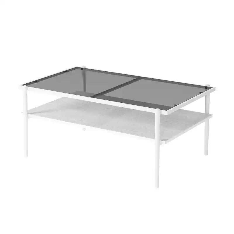 Table basse moderne rectangulaire Okak avec étagères de rangement ouvertes, plateau en verre trempé, table d'appoint pratique pour salon et salle à manger