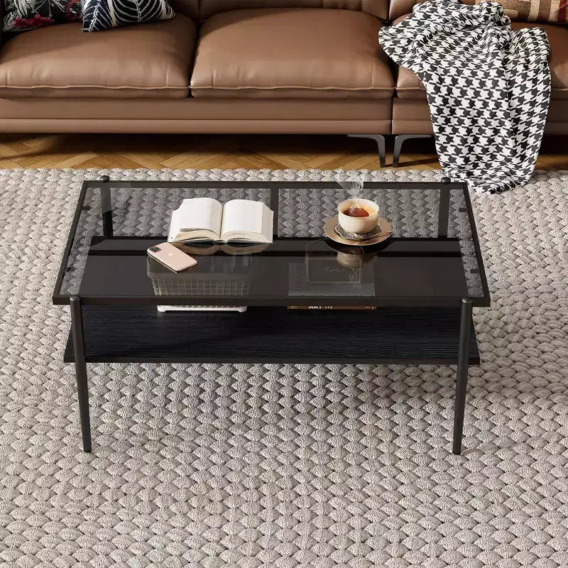 Table basse moderne rectangulaire Okak avec étagères de rangement ouvertes, plateau en verre trempé, table d'appoint pratique pour salon et salle à manger