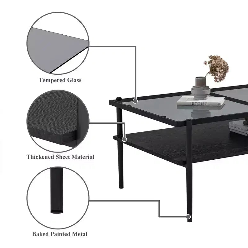 Table basse moderne rectangulaire Okak avec étagères de rangement ouvertes, plateau en verre trempé, table d'appoint pratique pour salon et salle à manger