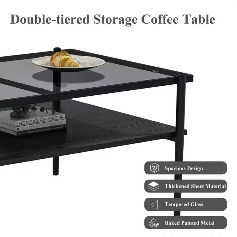 Table basse moderne rectangulaire Okak avec étagères de rangement ouvertes, plateau en verre trempé, table d'appoint pratique pour salon et salle à manger